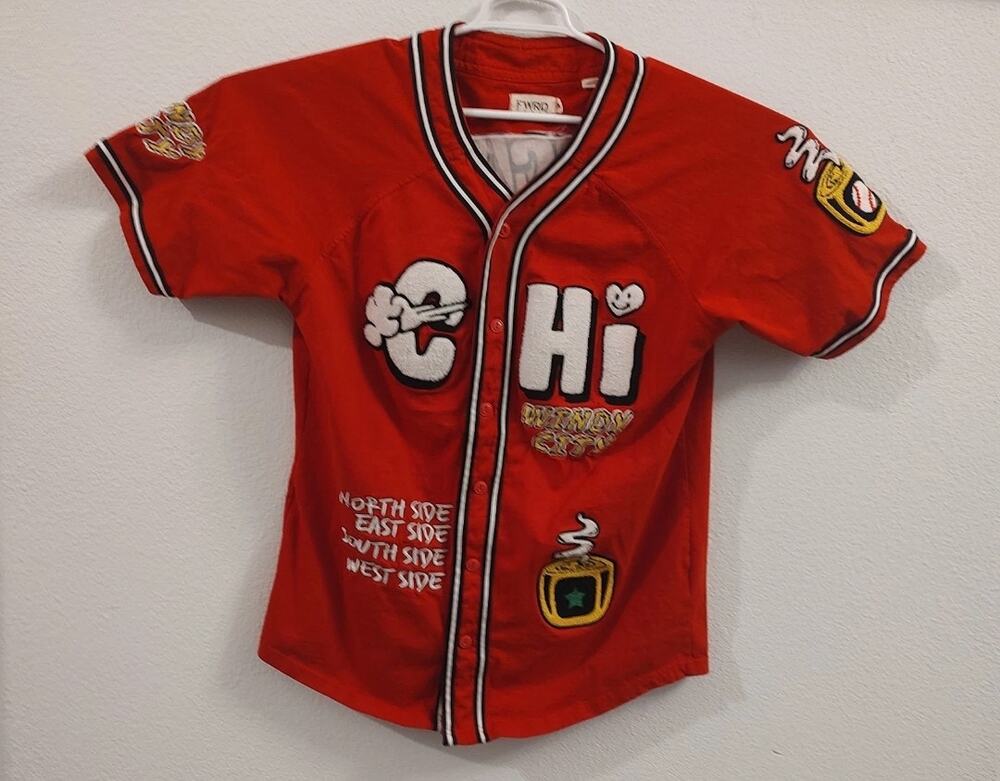FWRD Denim, Novelty Red Baseball-Style Jersey Chicago Streetwear XL Embroidered
